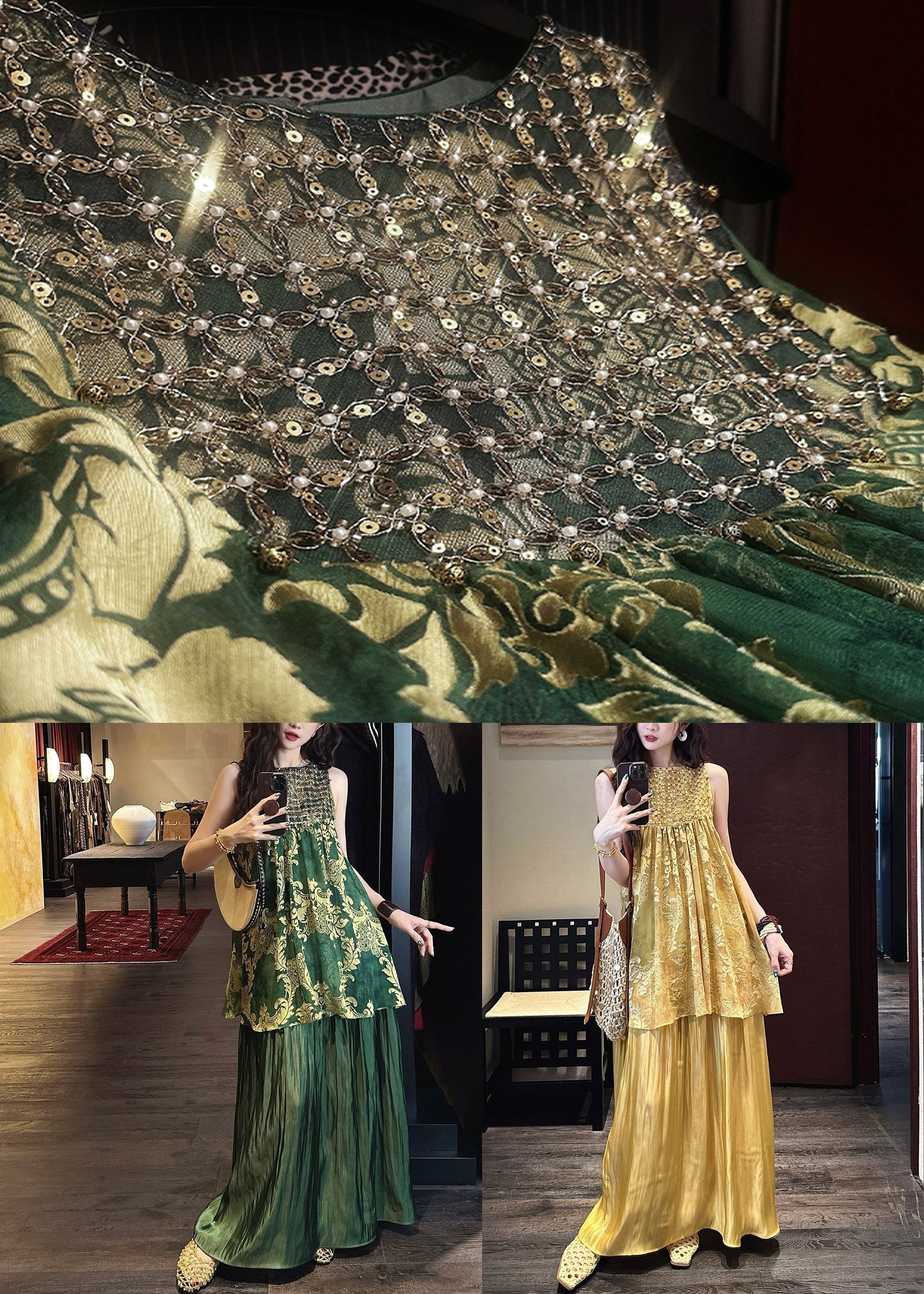 Green Silk Tulle O Neck Patchwork Italian Sequins Dresses