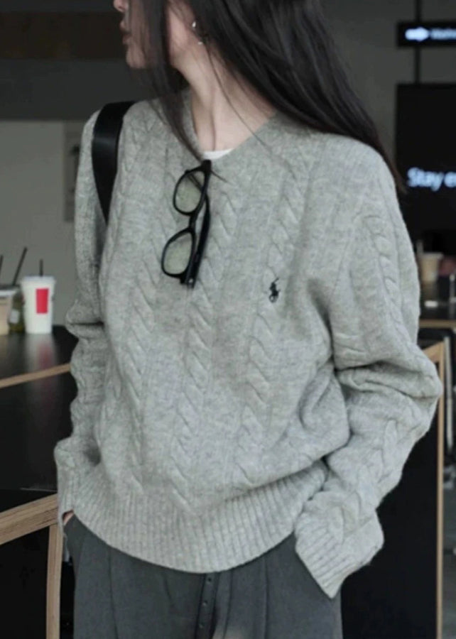 Italian Grey O Neck Cozy Warm Cable Knit Sweater Spring YY025
