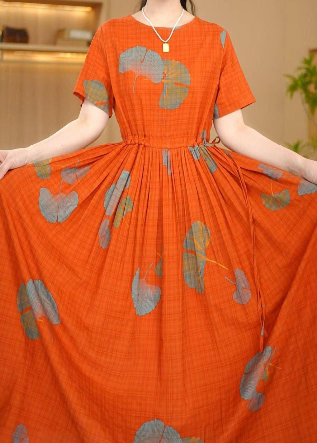 Dresses Maxi Summer Italian Cinched Orange Cotton Print