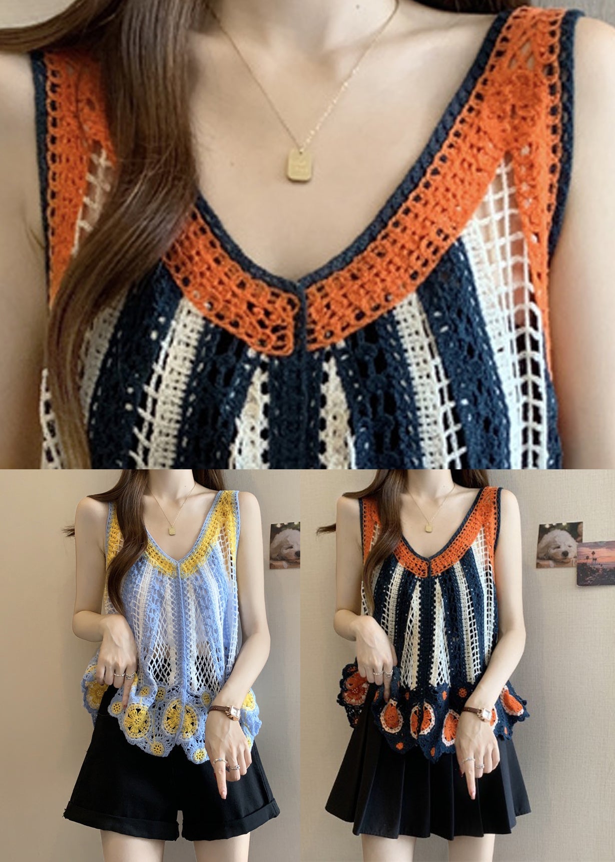 Italian Orange Vests Summer Knit Neck V