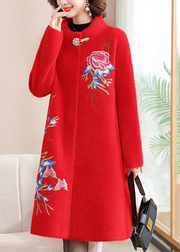 Italian Red Stand Collar Button Maxi Mink Velvet Wool Coats Spring TA036
