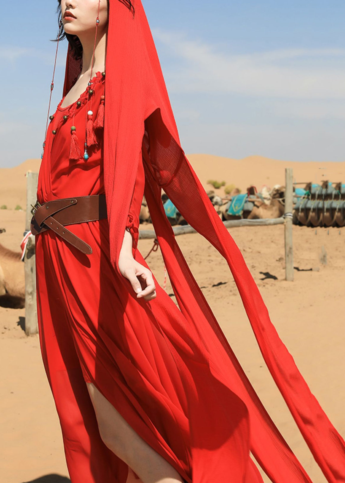 Maxi Dress Fall Tasseled V Chiffon Neck Italian Red Bead Nail