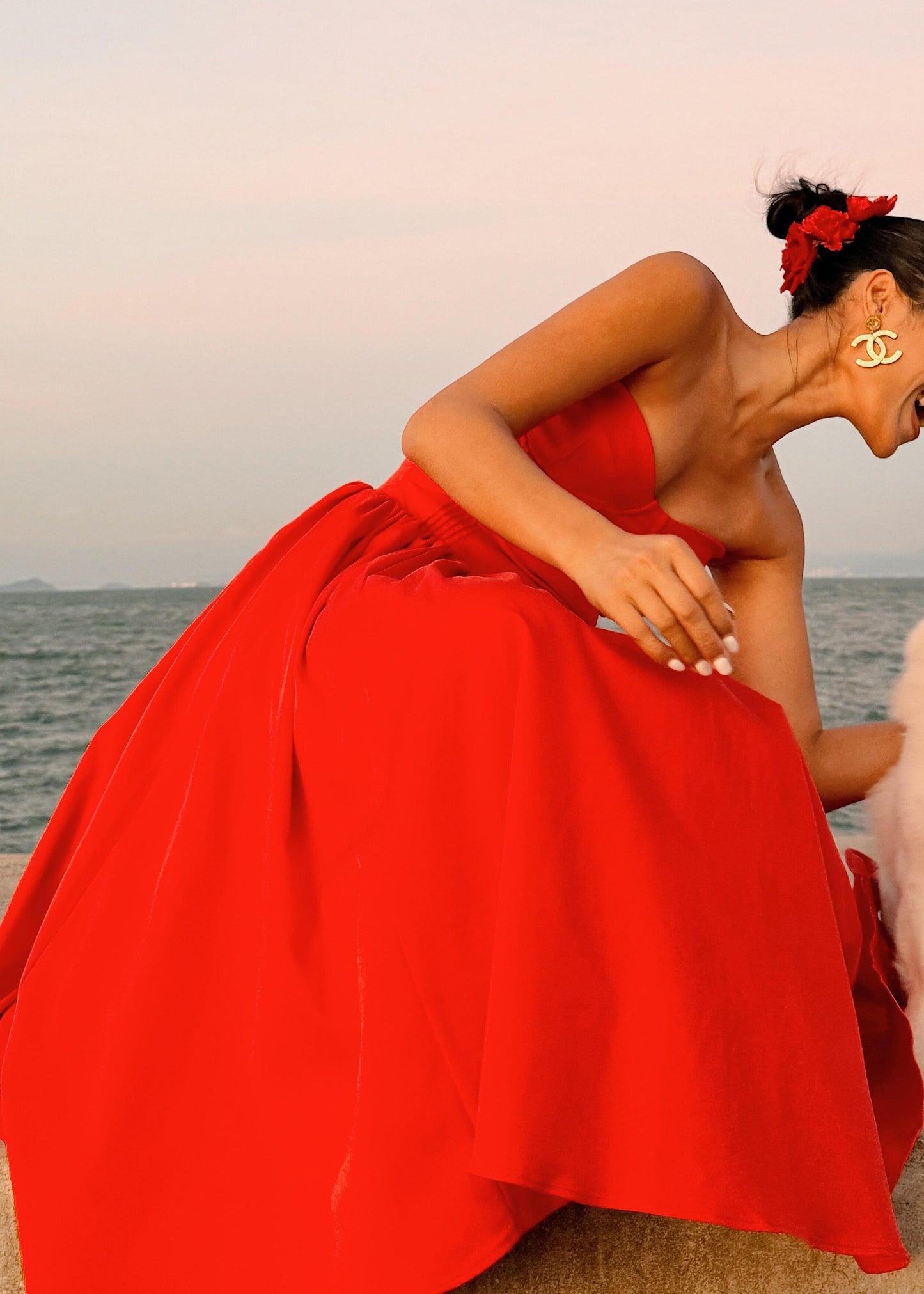 Cotton Patchwork Strapless Italian Wrinkled Summer Red Dress