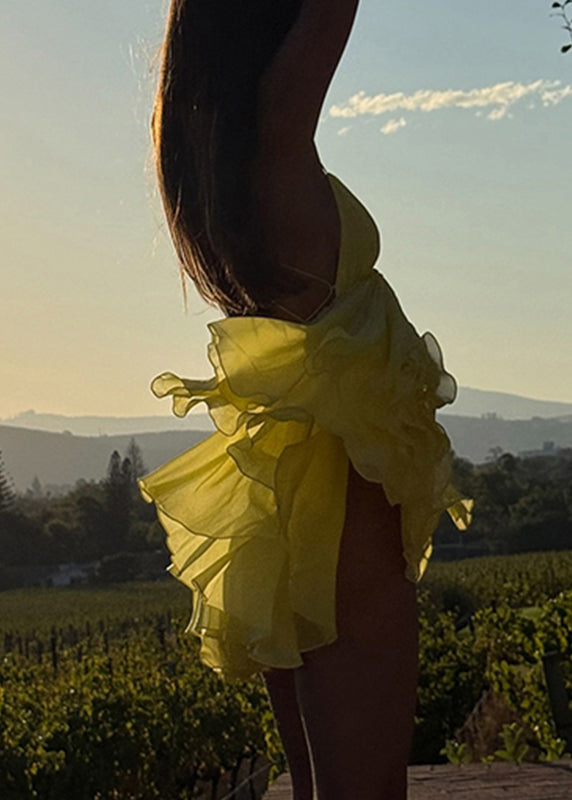 Mid Backless Yellow Strap Neck V Patchwork Spaghetti Italian