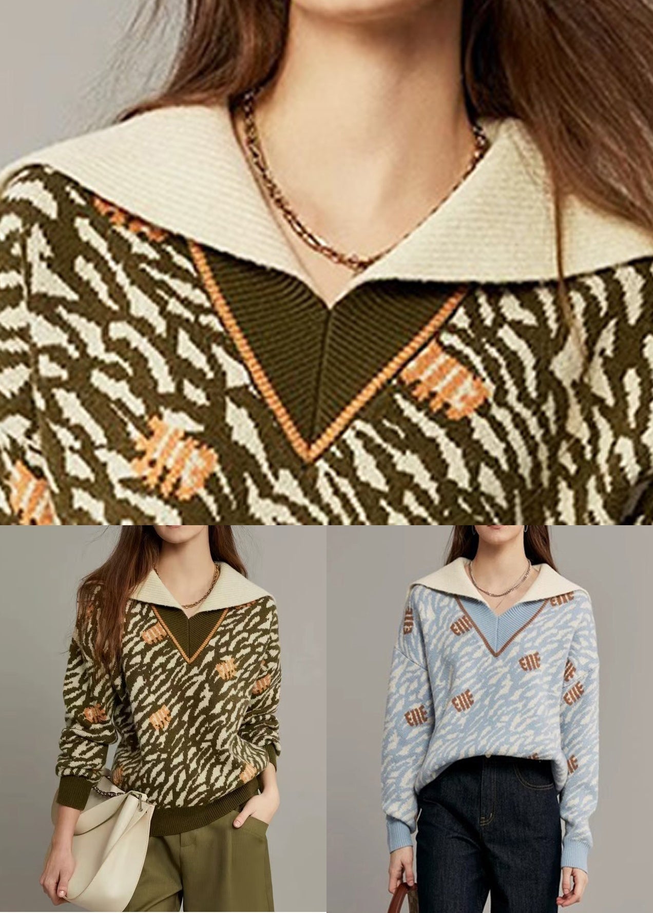 Jacquard Armygrün Matrosenkragen Kuscheliger Strickpullover Winter WK006