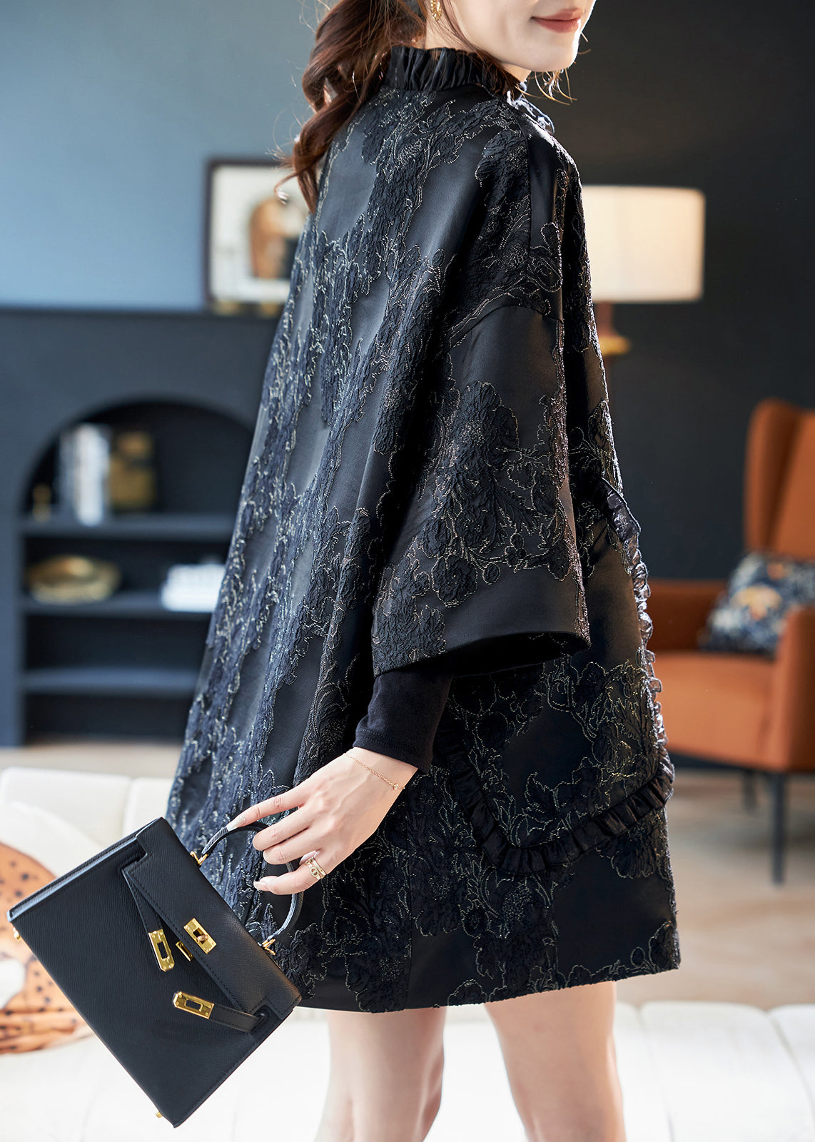 Jacquard Schwarz Rüschen Knopf Baumwolle Mäntel Armband Ärmel AB1025