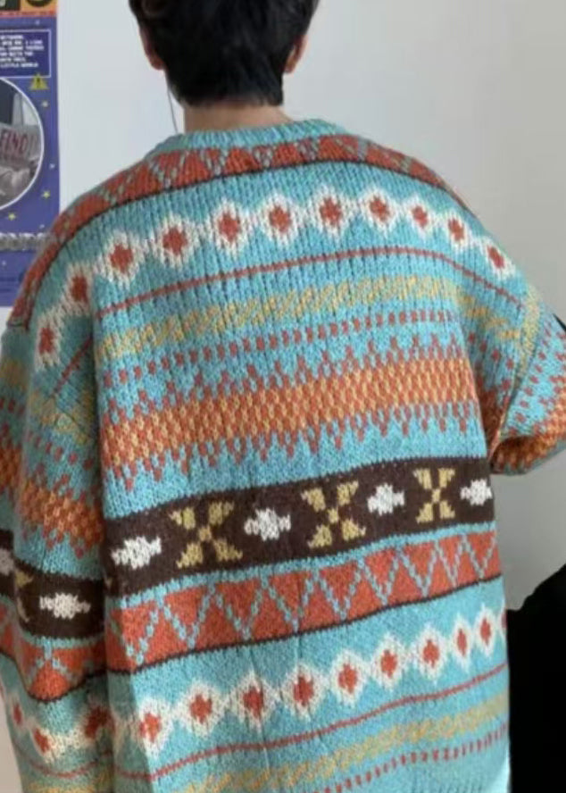 Jacquard Blue O Neck Cozy Knit Mens Sweaters Fall GEM620