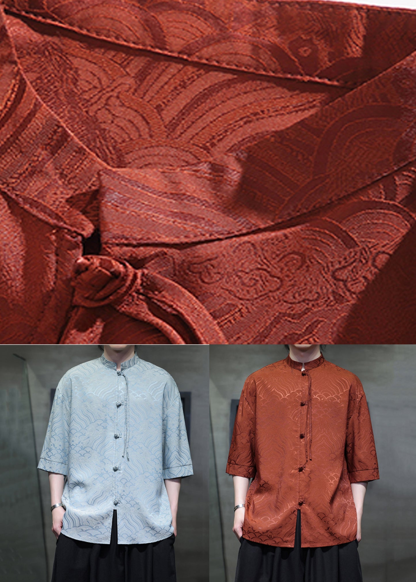 Jacquard Orange Stehkragen Chinesischen Knopf Eis Seide Männer Shirts Sommer YT068