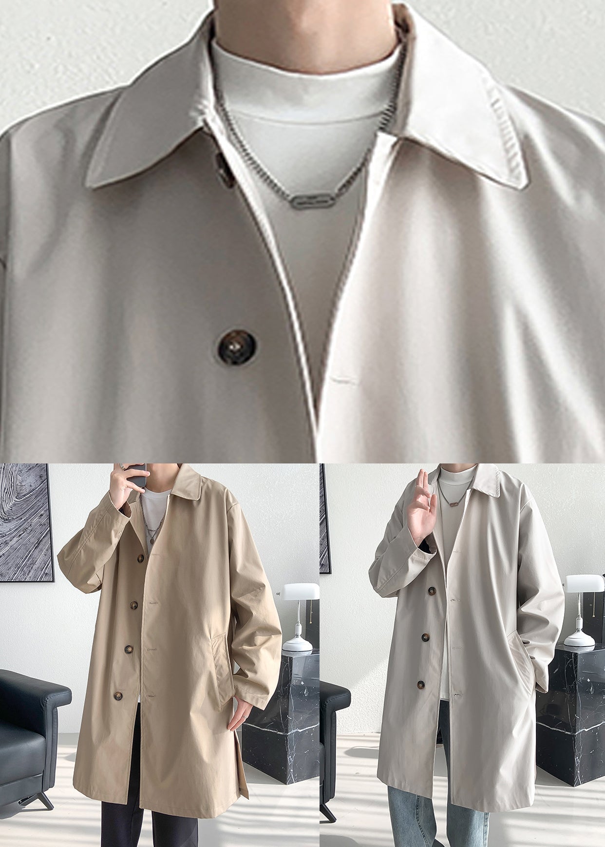 Khaki Pockets Oversized Cotton Spring Mens Coats Peter Pan Collar YQ009