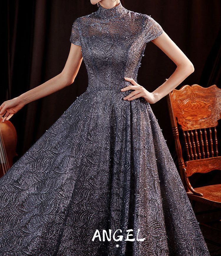 Short-Sleeve Glitter A-Line Evening Gown