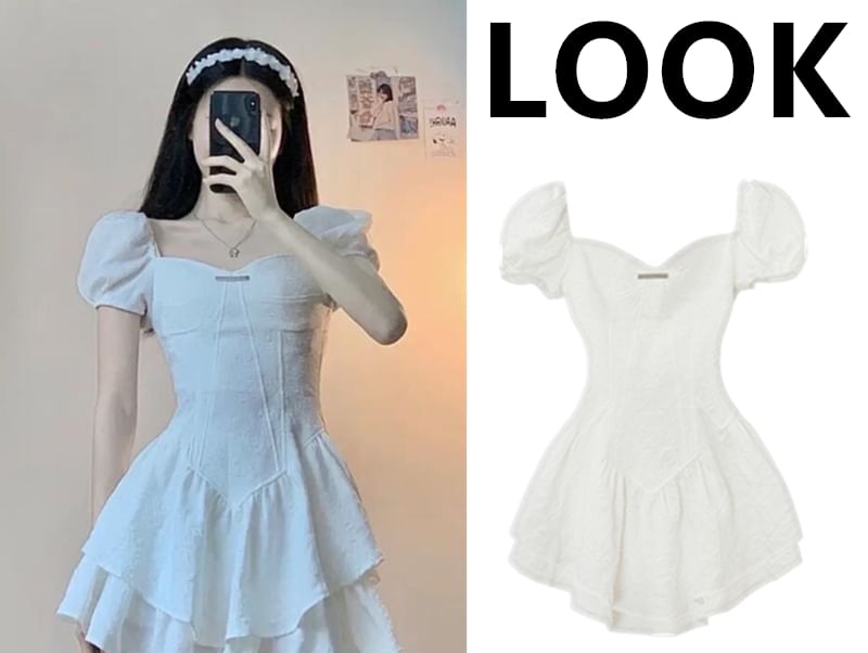 Set: Puff-Sleeve Sweetheart Peplum Top + Ruffled Mini Skirt