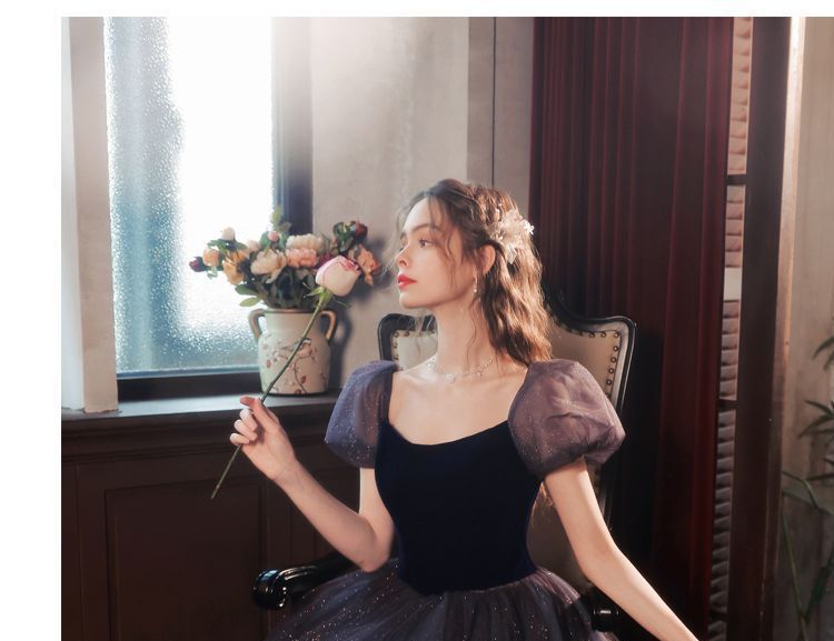 Short-Sleeve Glitter Mesh Evening Gown