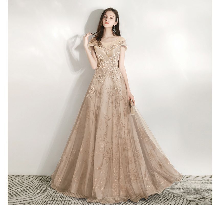 Short-Sleeve Sequined A-Line Evening Gown