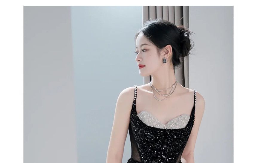 Thin Strap Two Tone Sequin Mesh A-Line Evening Gown