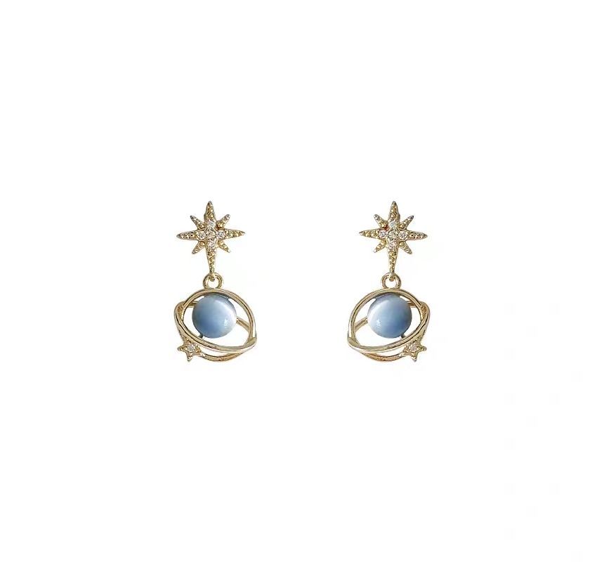 Drop Alloy Earring Faux Planet Stone Eye Rhinestone Star Cat