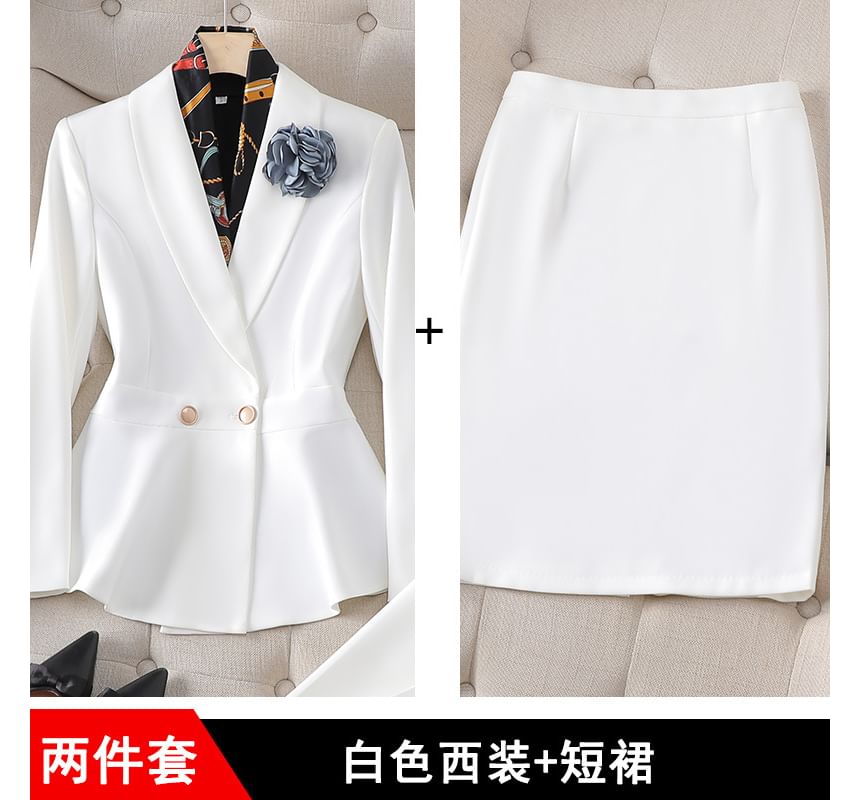 Double-Breasted Blazer, High-Rise Pencil Skirt, and Suit Trousers Set