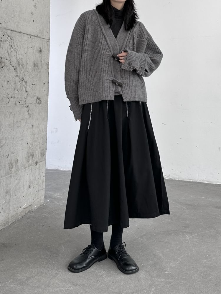 High-Waist Contrast Stitched Midi A-Line Skirt