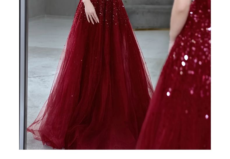 Sequin Mesh A-Line Evening Gown