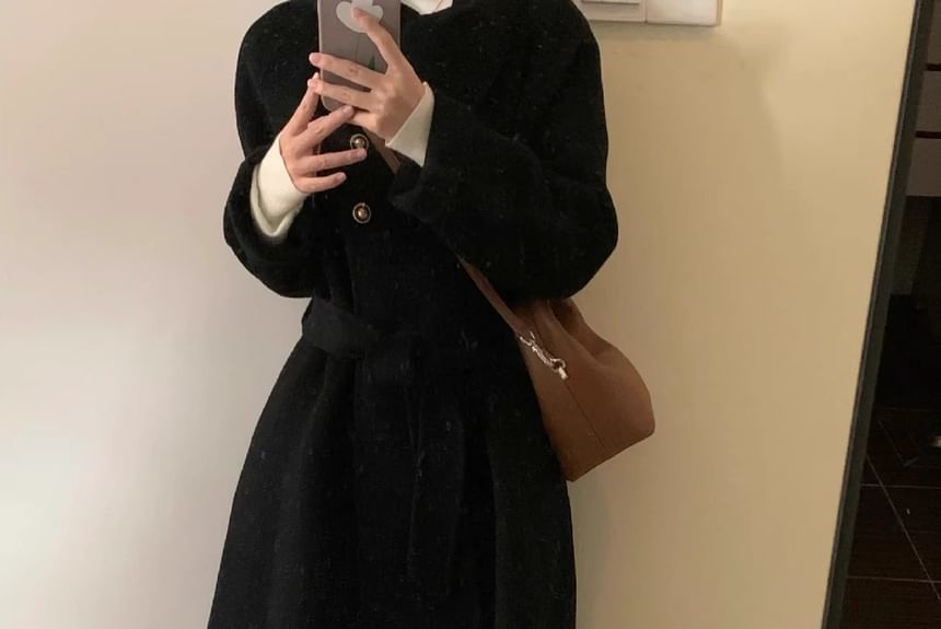 Collared Button-Up Wrapped Plain Long Coat