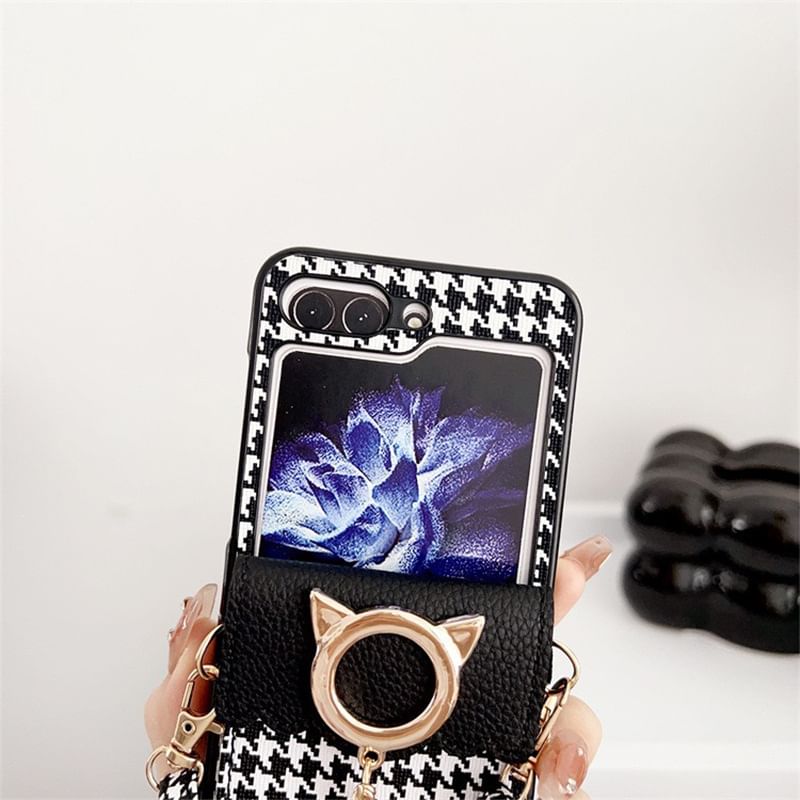 Lanyard Phone Cat Case Pearl Faux Houndstooth