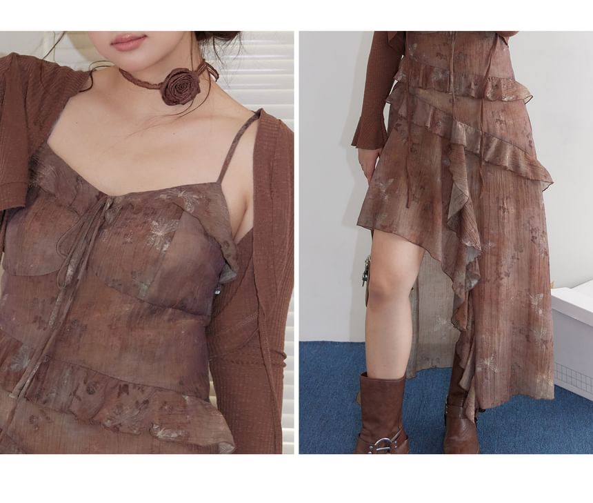 Plus Size Spaghetti Strap V-Neck Butterfly Print Asymmetrical Ruffle Trim Tie Front A-Line Dress