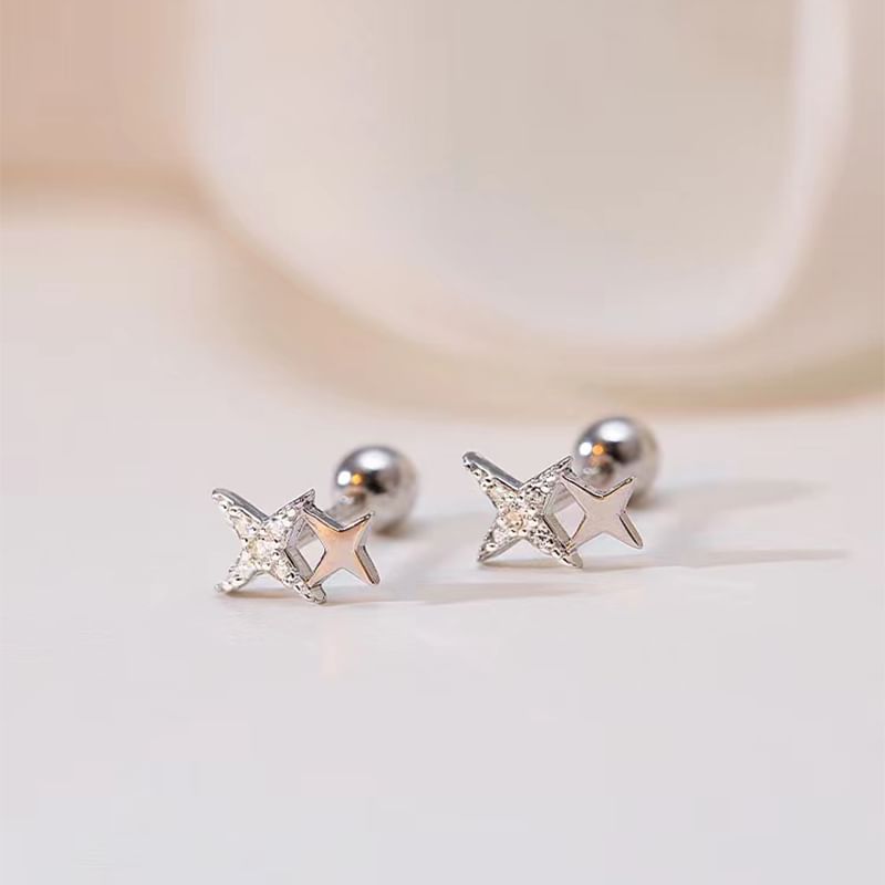 Barbell Star 925 Silver Sterling Earring Rhinestone