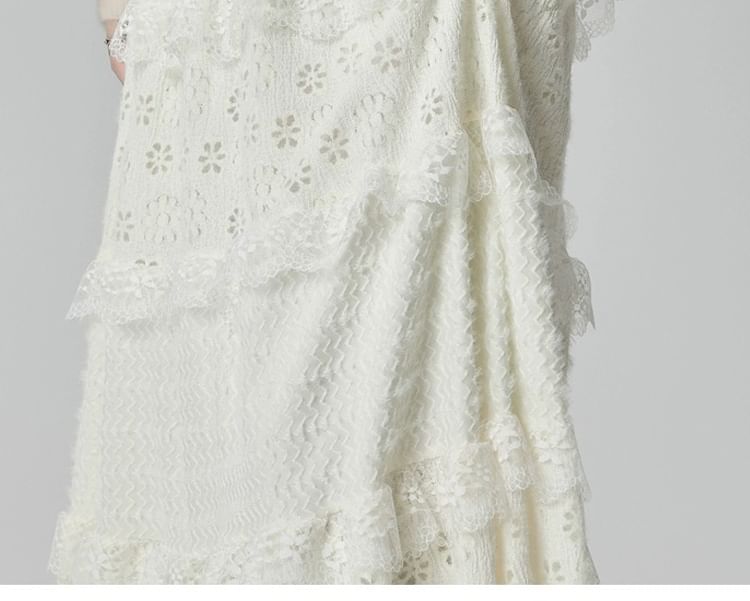 Elastic Waistband Layered Lace Midi A-Line Skirt