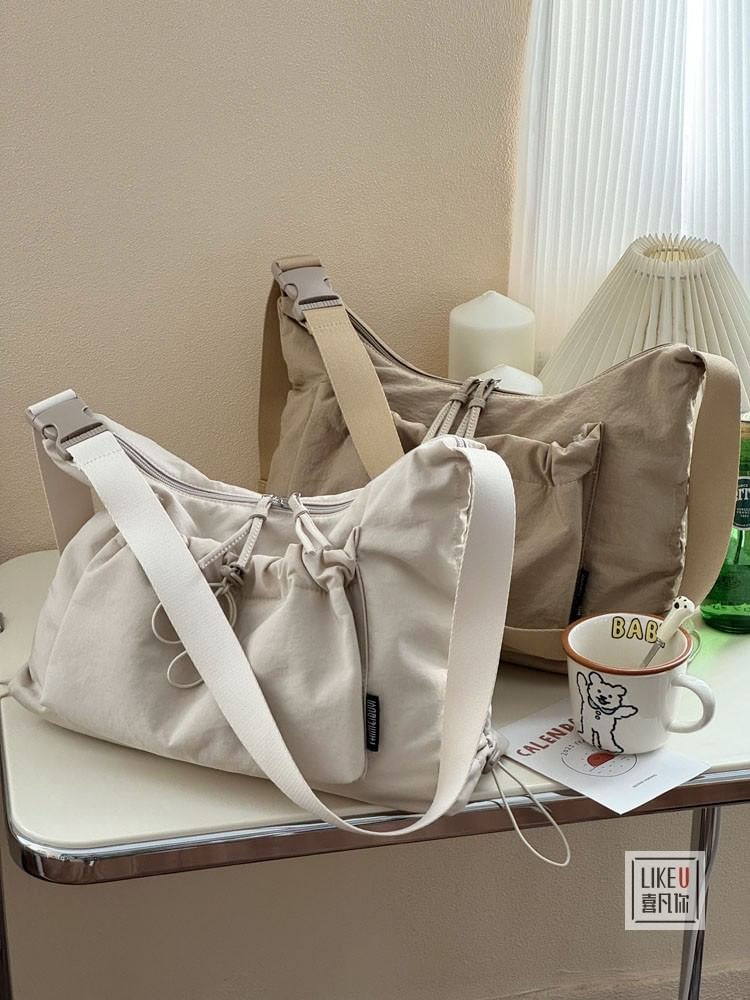 Drawstring Plain Zip Shoulder Bag