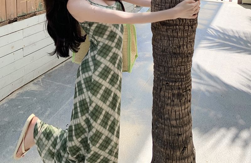 Plaid Bodycon Midi Dress with Spaghetti Straps