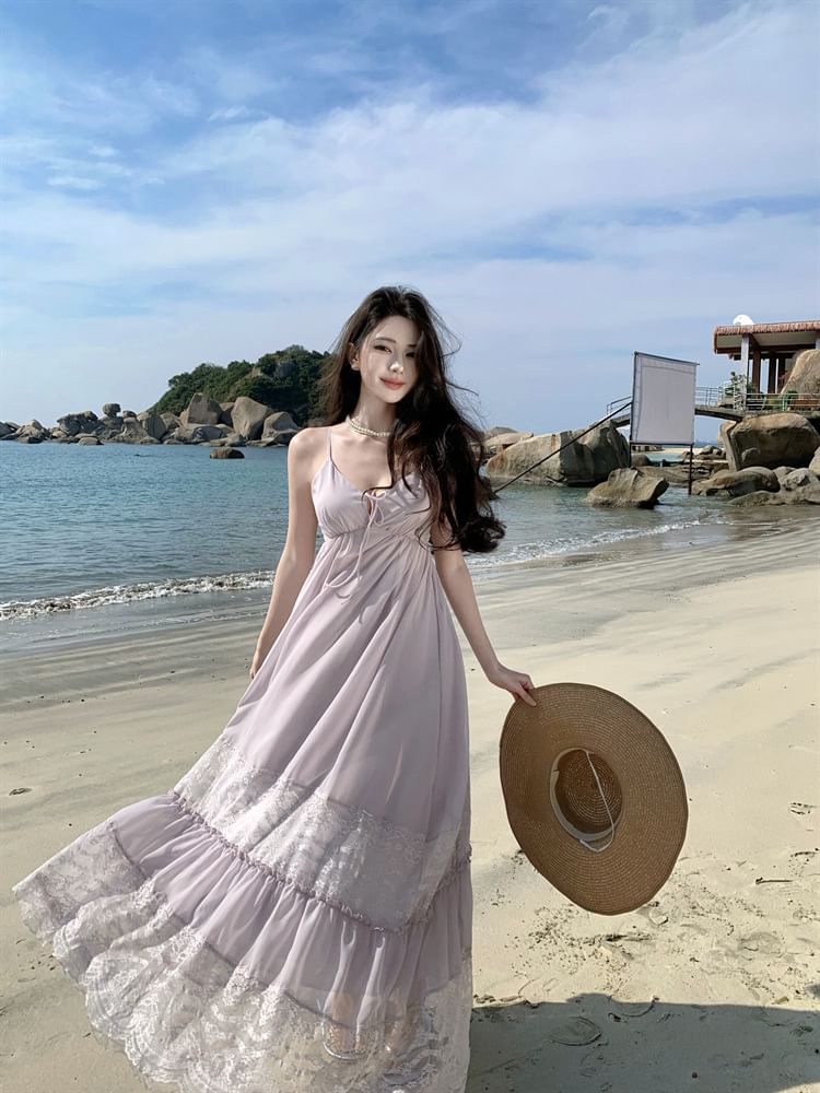V-Neck Lace Panel A-Line Maxi Dress with Tie Front