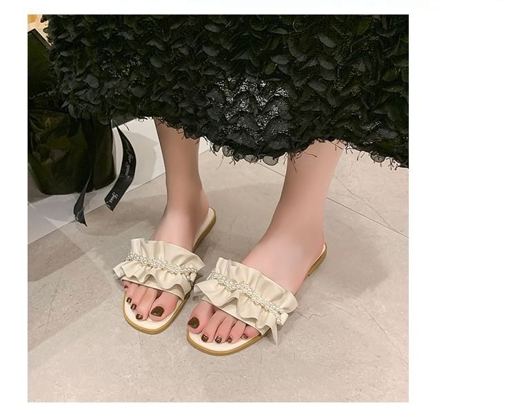 Faux Pearl Ruffle Slide Sandals