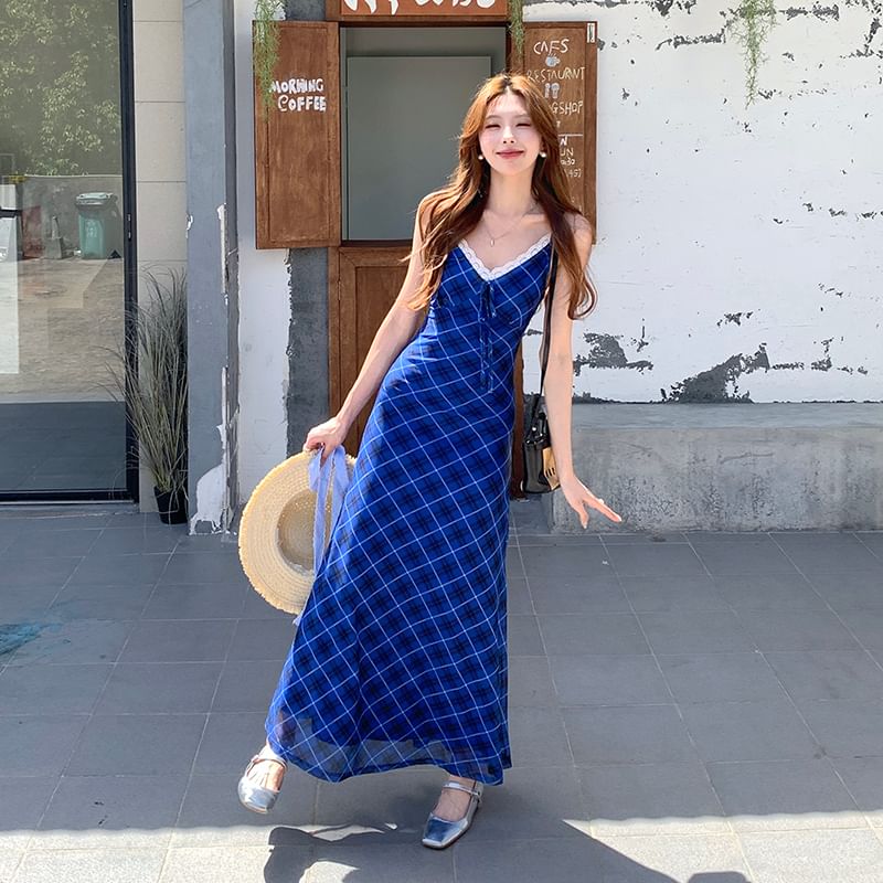 Spaghetti Strap Plaid Lace Trim Midi A-Line Dress