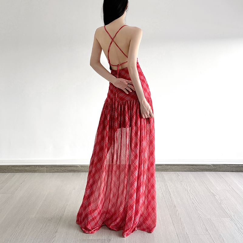 Spaghetti Strap Plaid Ruched Mesh Maxi A-Line Dress