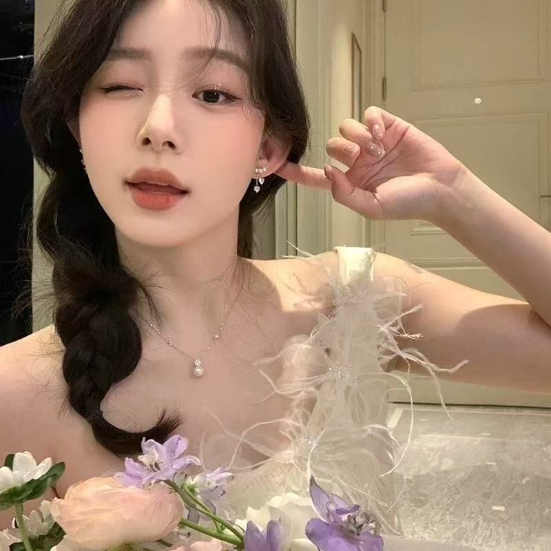 Pearl Earring Rhinestone Dangle Heart Faux Alloy