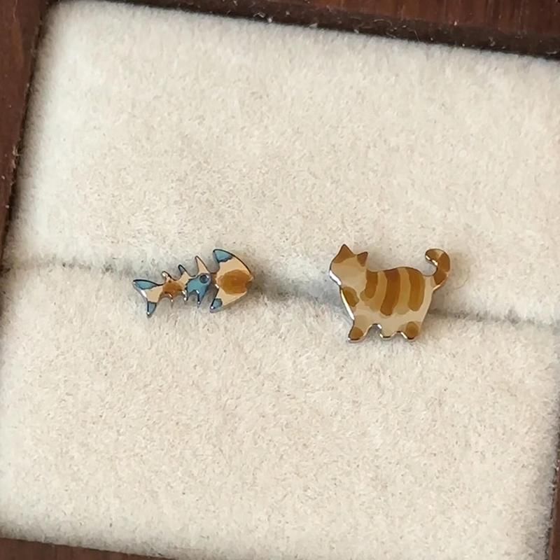 Earring Cat Alloy Stud Fish Asymmetrical