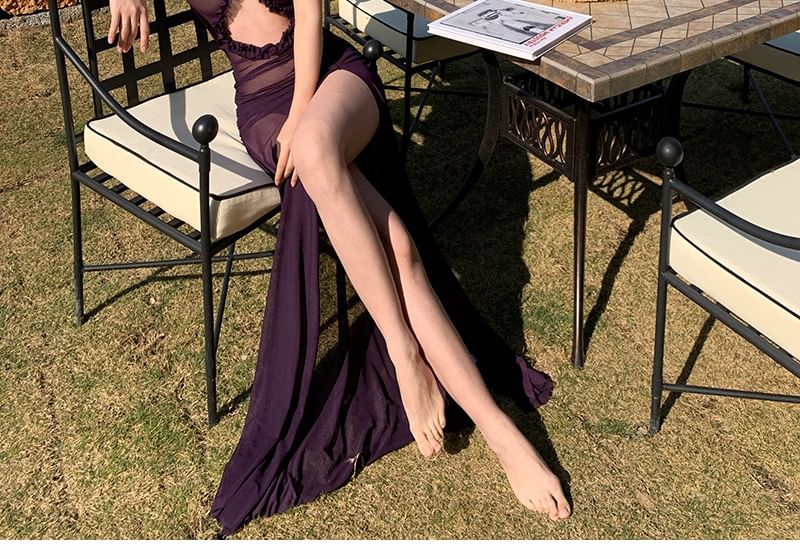 Frill Trim Cutout Ruched Slit Maxi Bodycon Dress with Spaghetti Straps