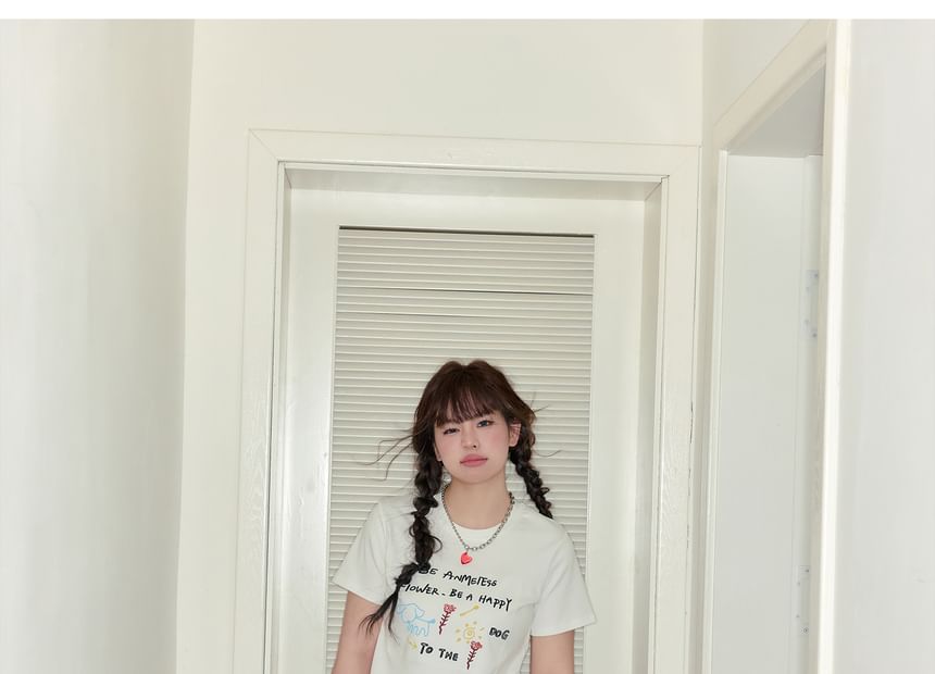 Short-Sleeve Round Neck Lettering Embroidered Tee / High Rise Plaid Wide Leg Pants