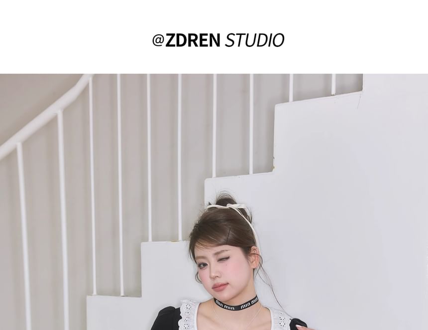 Puff-Sleeve Scoop Neck Lace Panel Bow Accent Mini A-Line Dress