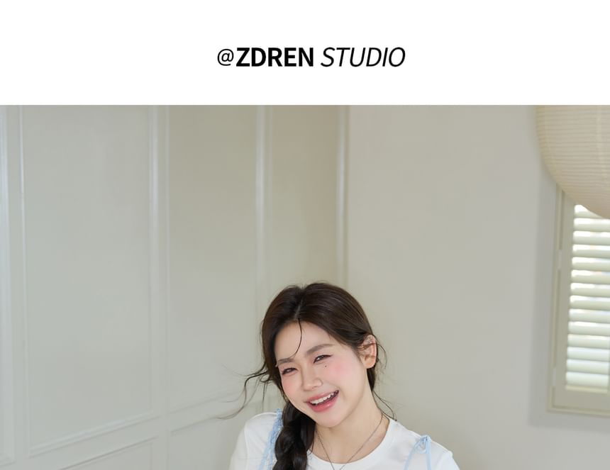 Short-Sleeve Round Neck Plain Slim Fit Tee / Bow Cami Top / High Waist Lace Trim Washed Mini Pencil Skirt / Set