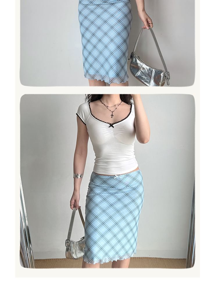 Plaid Midi Pencil Skirt