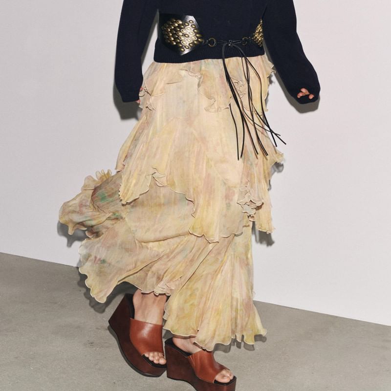 Tie-Dyed Ruffled Asymmetrical Midi Skirt