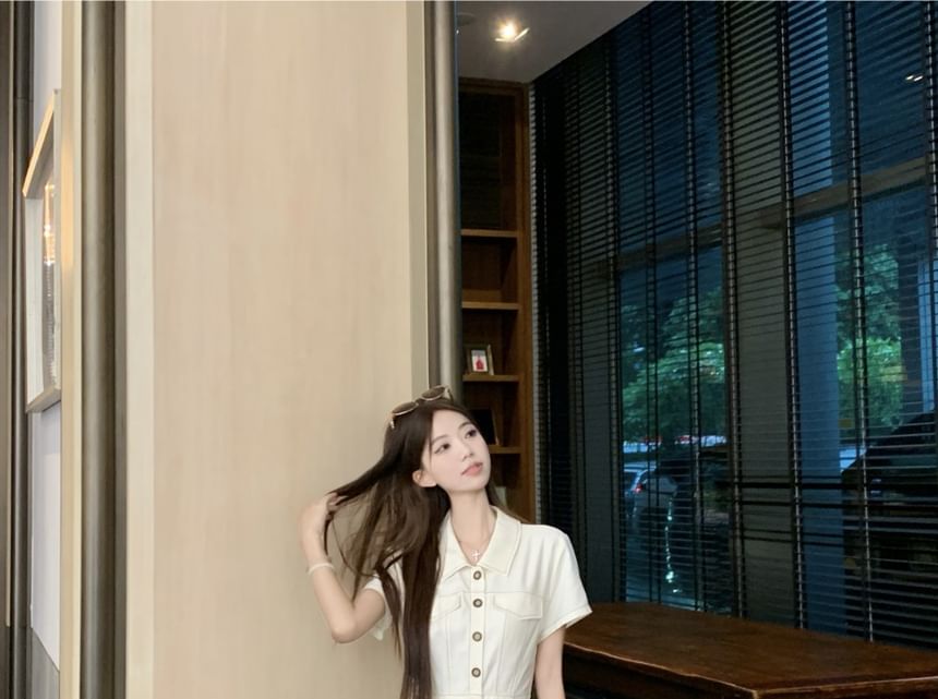 Collared Button Up Maxi Dress with Belt Slit - Altfashion Shop