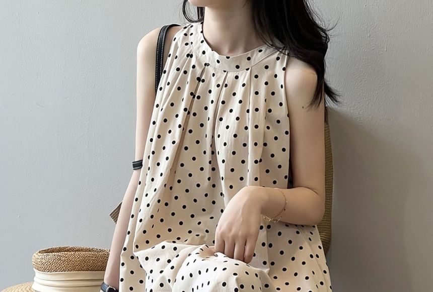 Crewneck Sleeveless Dotted Maxi Dress - Altfashion Shop