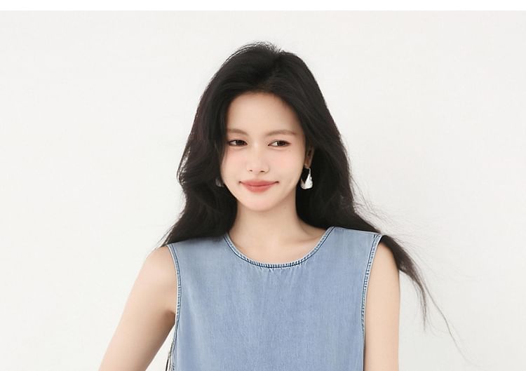 Denim Ruffle-Trimmed Asymmetric Round-Neck Tank Top