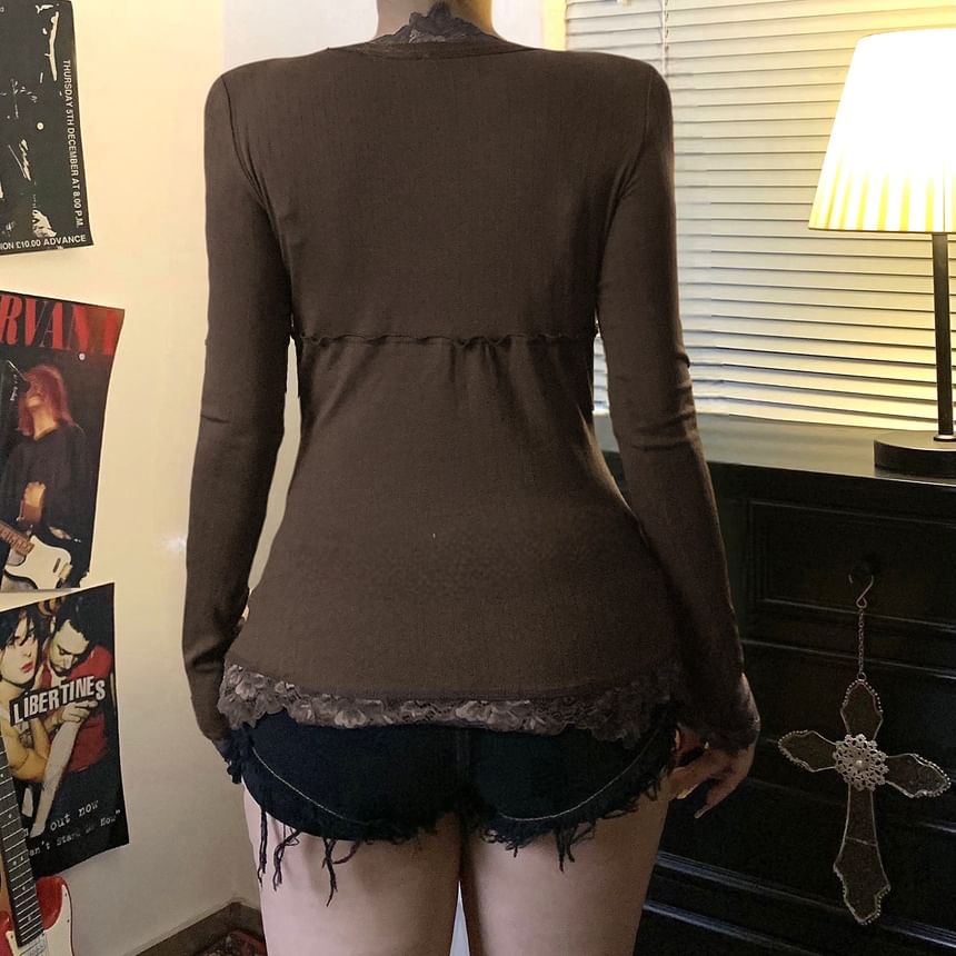 Long Sleeve V-Neck Lace Trim Tee