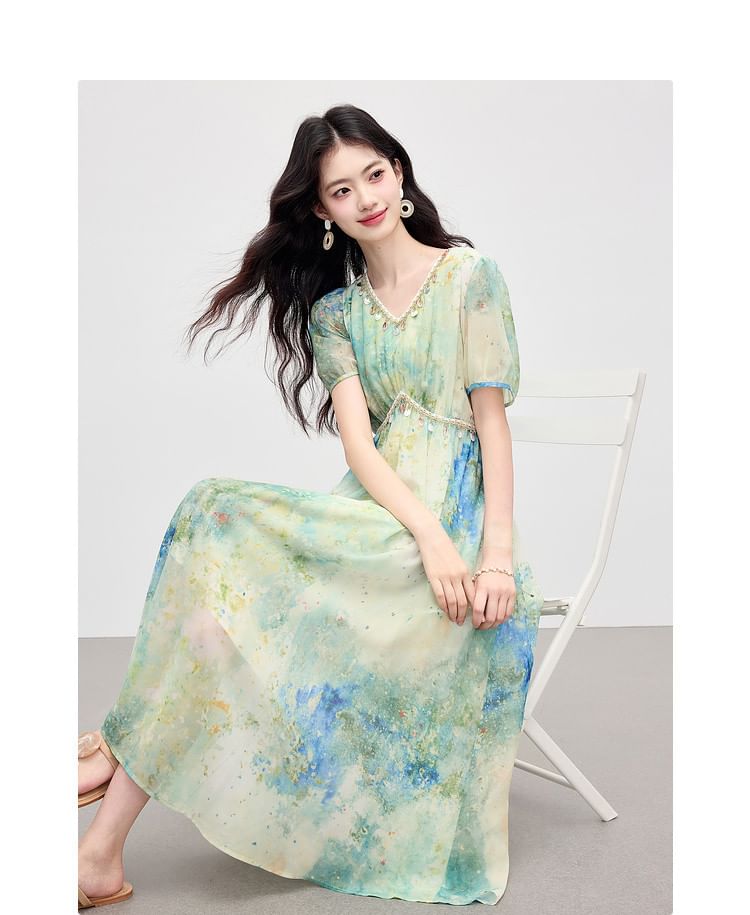Tie-Dye Short-Sleeve V-Neck Maxi Dress - Altfashion Shop