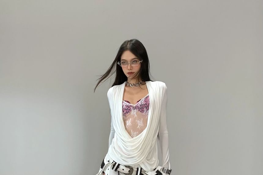 Ruched Lace Panel Long Sleeve Tee