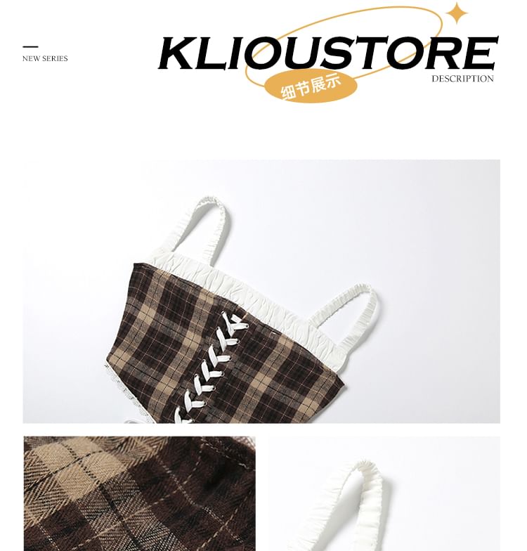 Plaid Lace Crop Cami & Asymmetrical Mini Skirt