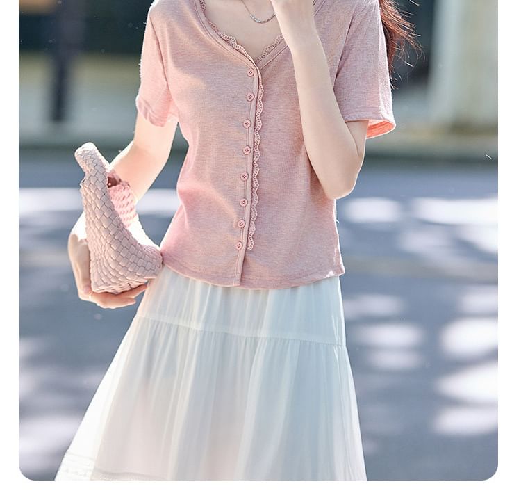 V-Neck Lace Trim Crop Blouse with Short Sleeves