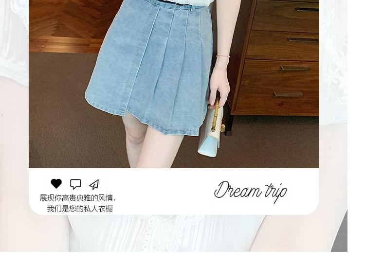 Ruffle V-Neck Blouse with Lace Panel and Short Sleeves
